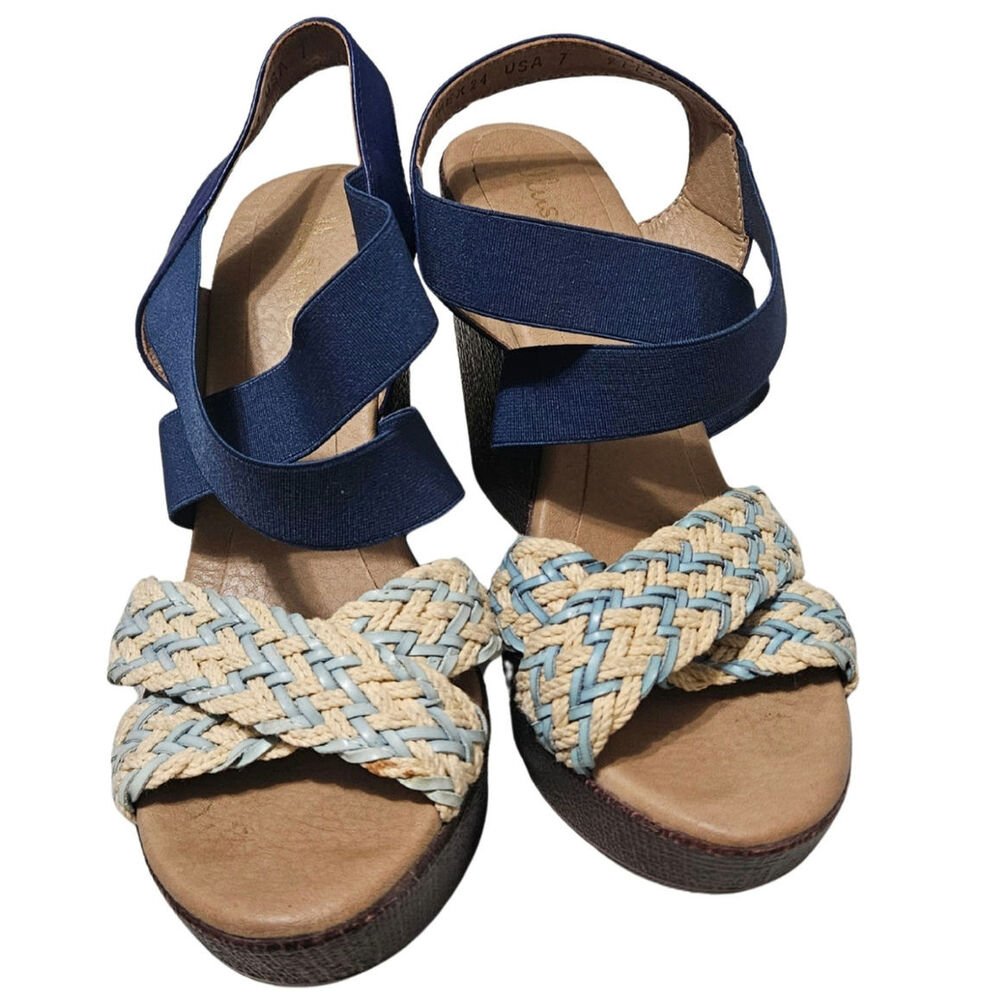 Blue Platform Slip On Wedges Sandals High Heels Elastic Straps Over Foot Size 7